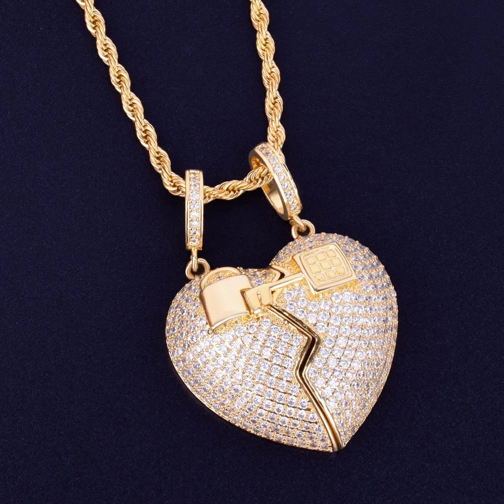 Men Key Lock Heart Pendant Rope Chain Necklace 